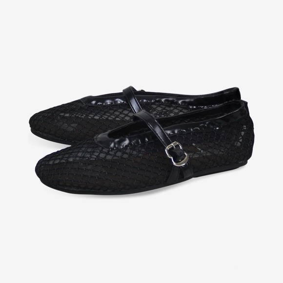 Women’s Mesh Mary Jane Buckle Ballet Flats, Black, Faux Leather, Flat Shoes - Picture 3 of 5
